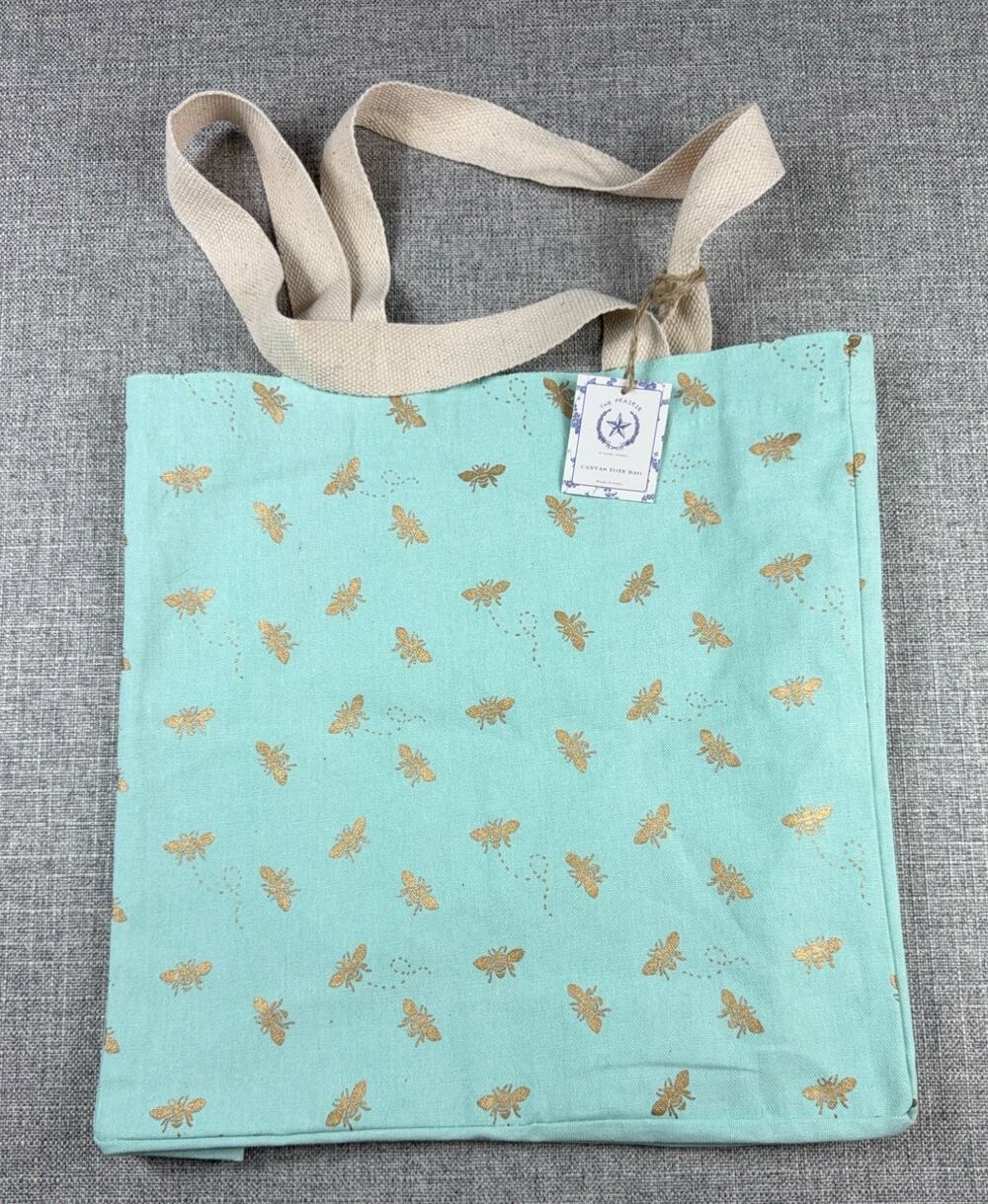The Prairie Rachel Ashwell Canvas Tote Bag Aqua Gold Bee Print NWT Large